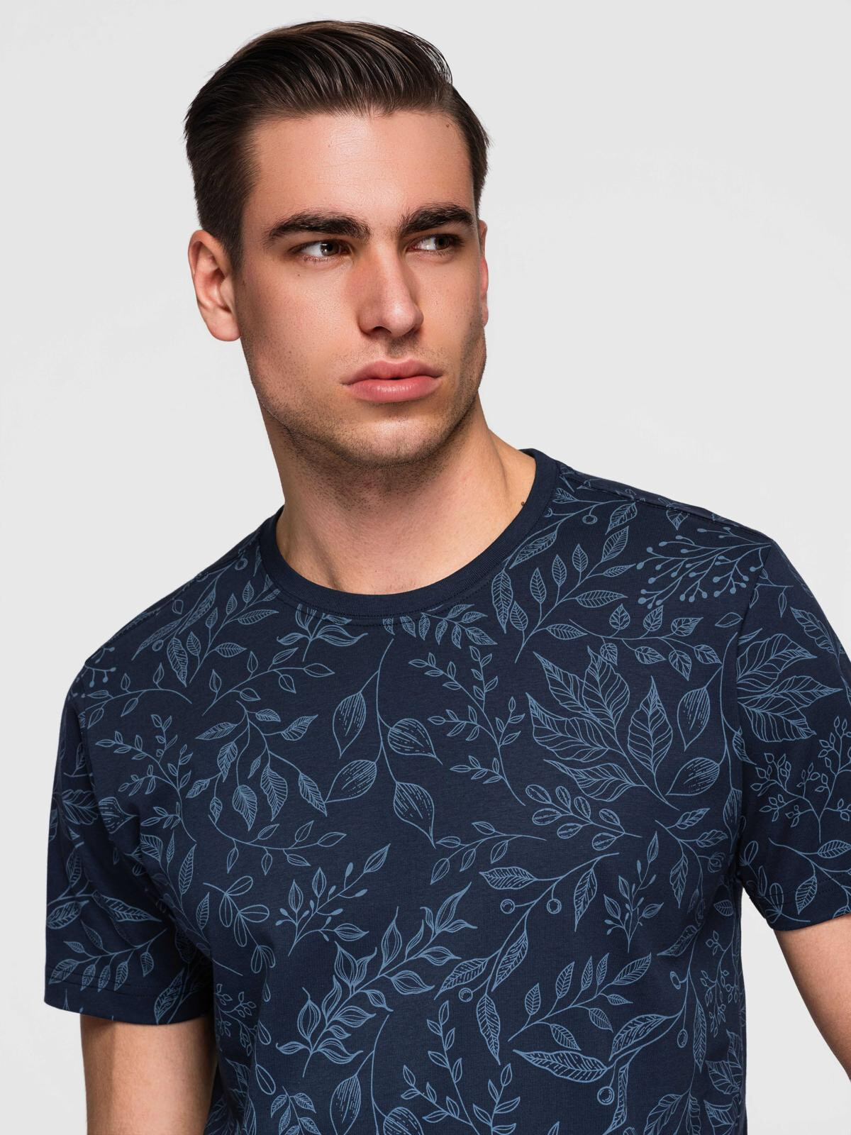Ombre Men's floral print cotton t-shirt - navy blue