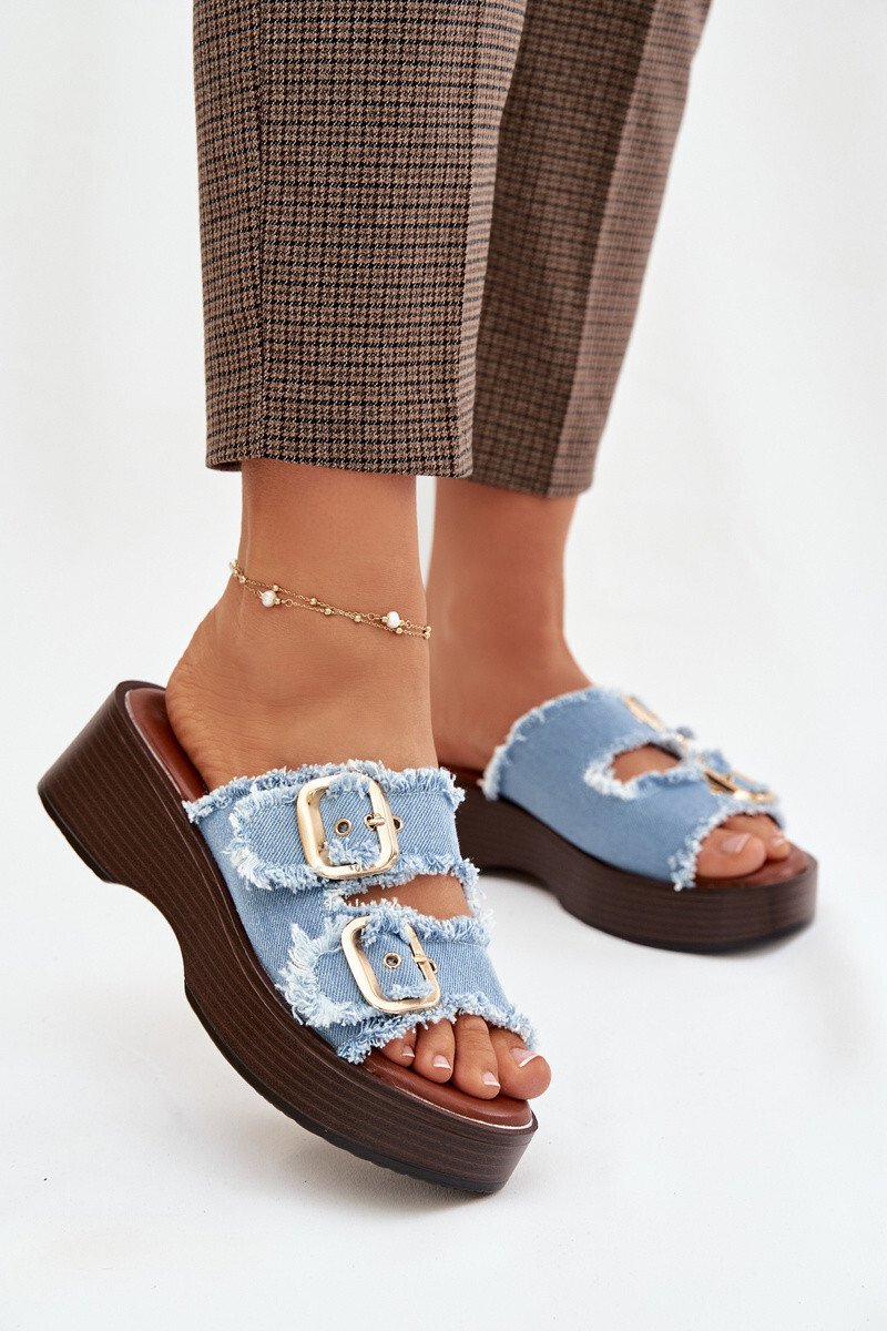 Dámské pantofle na platformě se zlatými sponami modré Renelisse 39