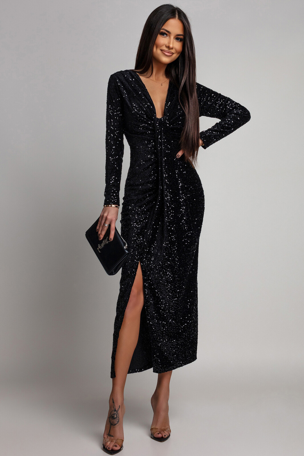 Azzurra Čierne flitrované šaty s rozparkom Veľkosť: UNI