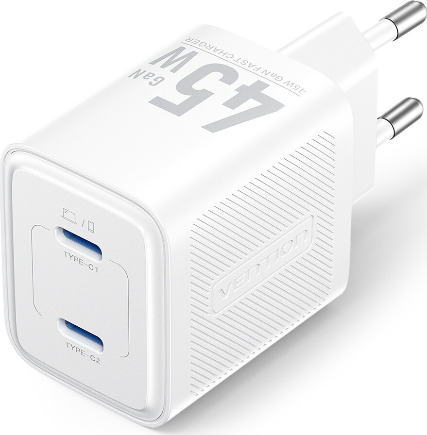 Vention 2-Port USB (C + C) GaN Charger (45 W/45 W) EU-Plug White