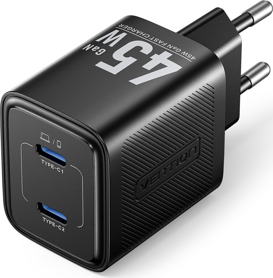 Vention 2-Port USB (C + C) GaN Charger (45 W/45 W) EU-Plug Black