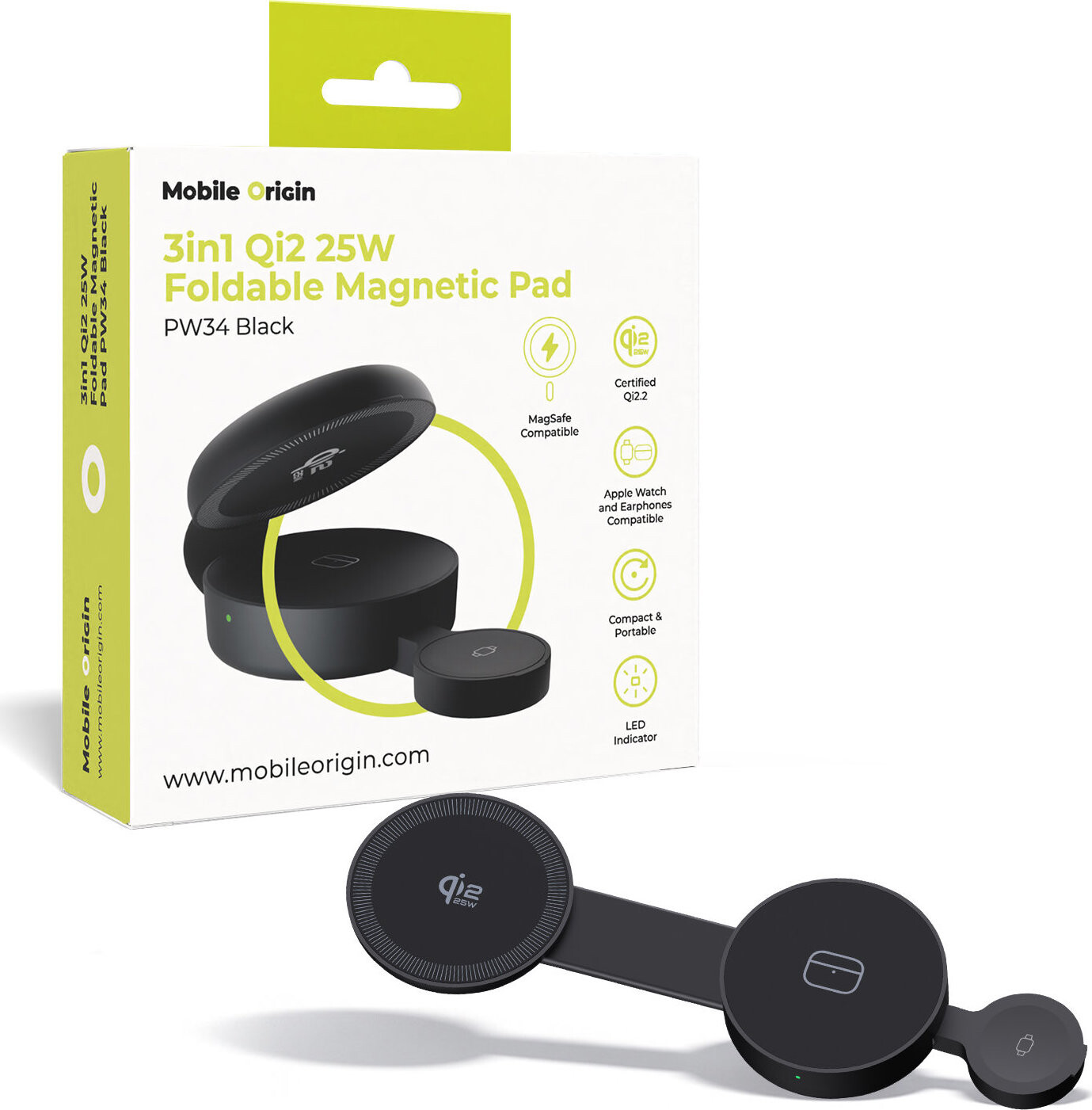 Mobile Origin 3in1 Qi2 Foldable Magnetic Pad PW34 Black