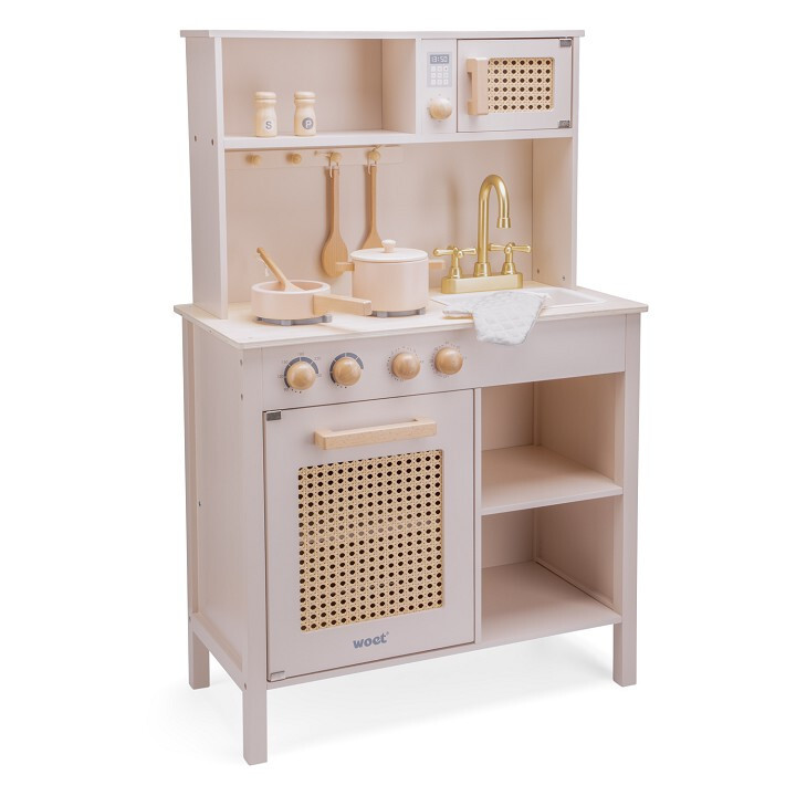 Detská drevená kuchynka – ružová s ratanom