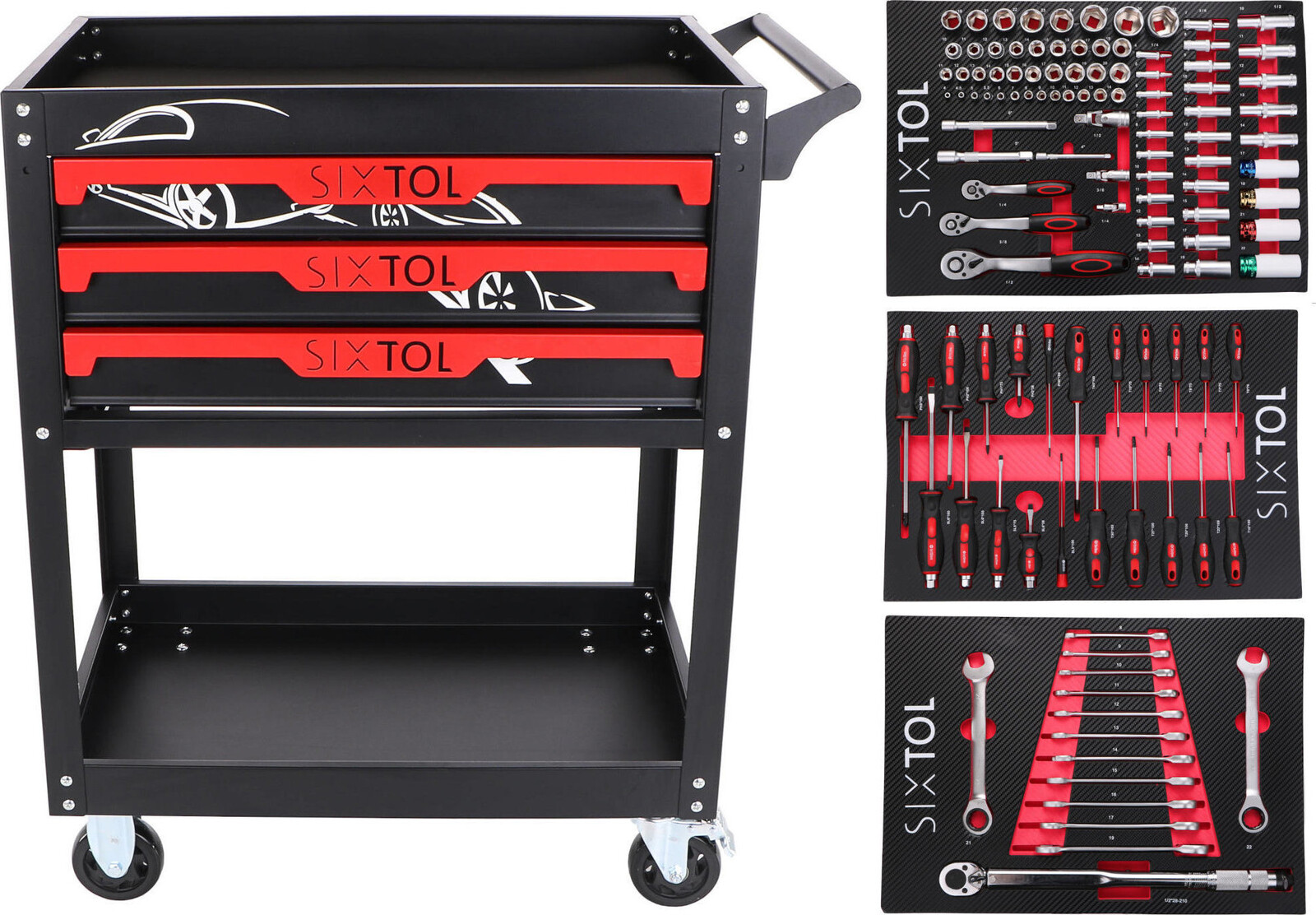 SIXTOL Dielenský vozík s náradím Mechanic Trolley Jason 115, 3 zásuvky, 1 polica, 115 ks náradia