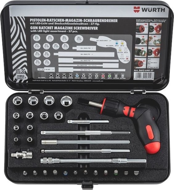 WÜRTH Pištoľový račňový viacbitový skrutkovač, s LED, 37 ks