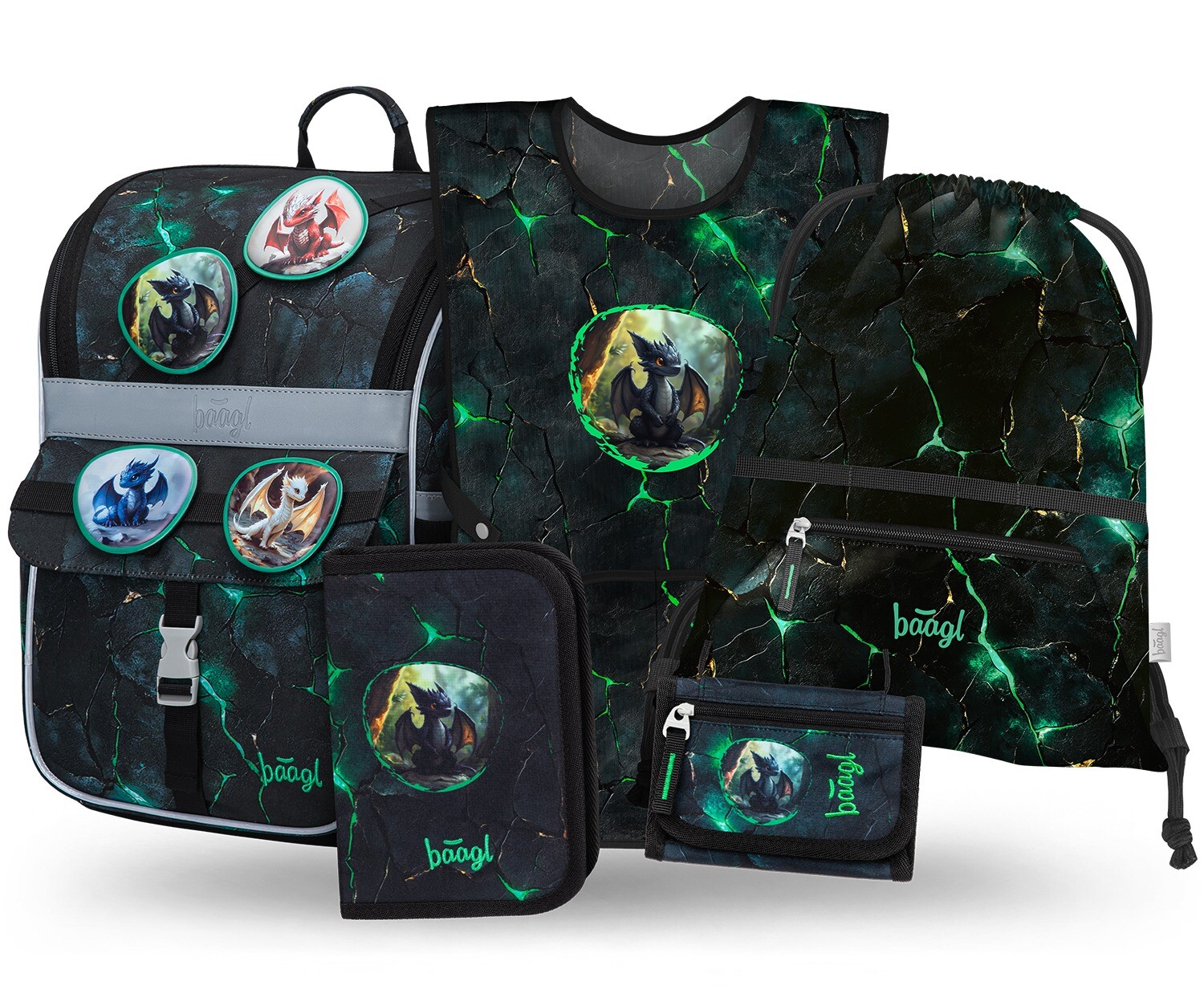 Školská súprava 5 kusov - aktovka, peračník, vrecko, zástera, peňaženka BAAGL Zippy Draky II - 18 L