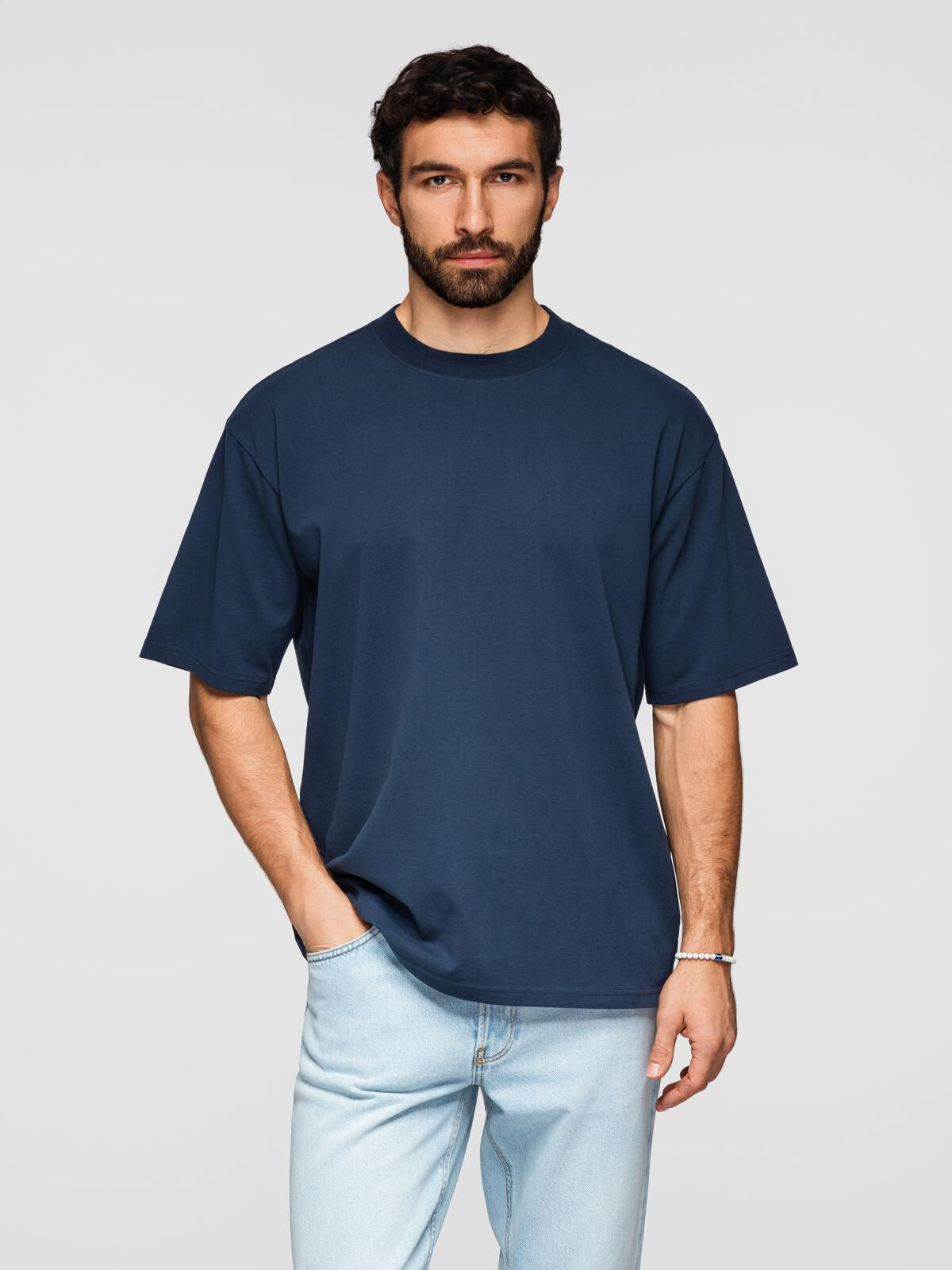 Ombre Men's LOOSE FIT cotton t-shirt with round neckline - navy blue