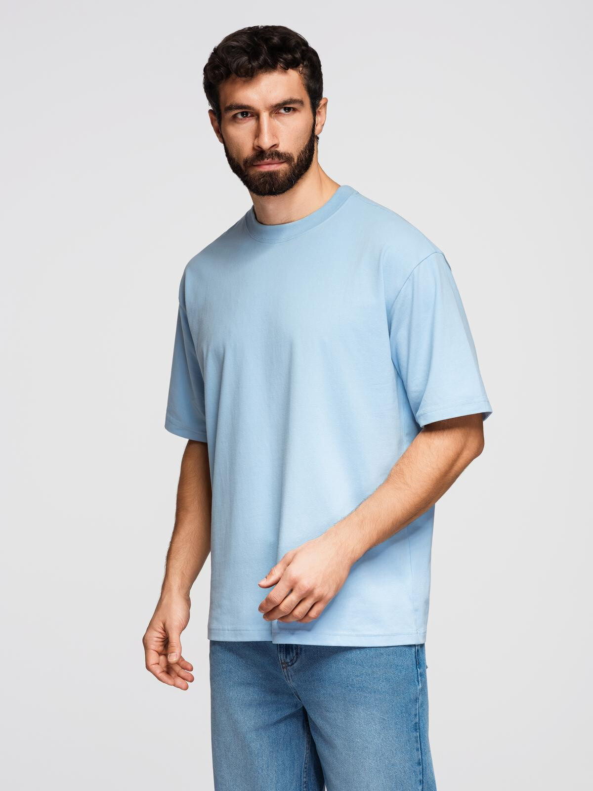 Ombre Men's LOOSE FIT cotton t-shirt with round neckline - blue