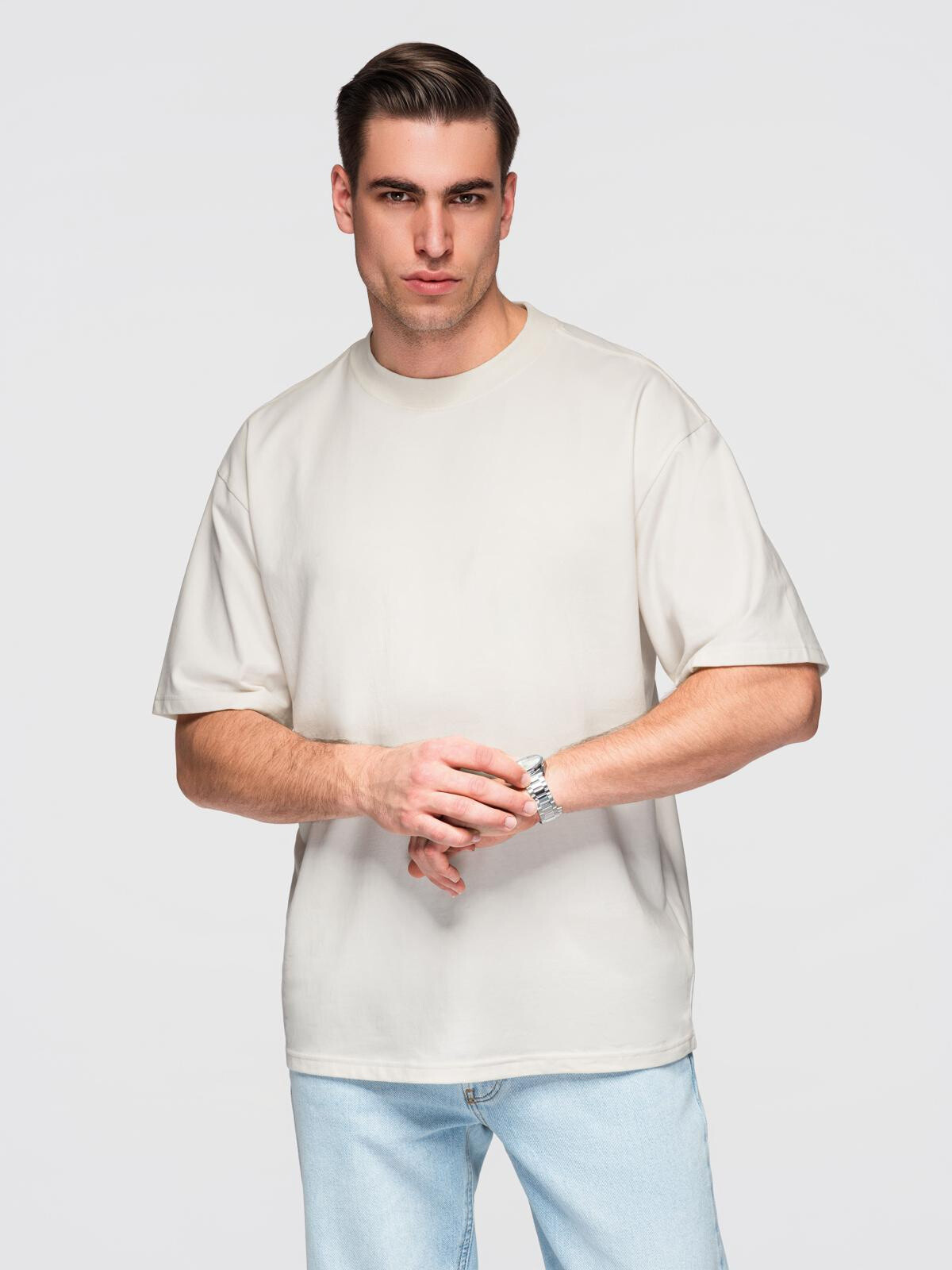 Ombre Men's cotton LOOSE FIT t-shirt with round neckline - ecru