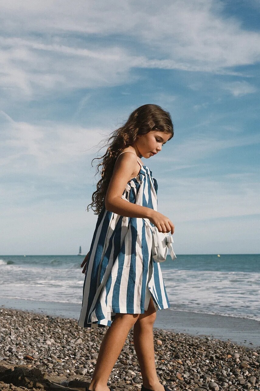 Detské šaty s prímesou ľanu Tinycottons LIGHT NAVY STRIPES DRESS