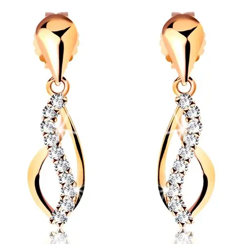 Náušnice zo žltého 14K zlata - nesúmerný obrys kvapky a číra zirkónová vlnka