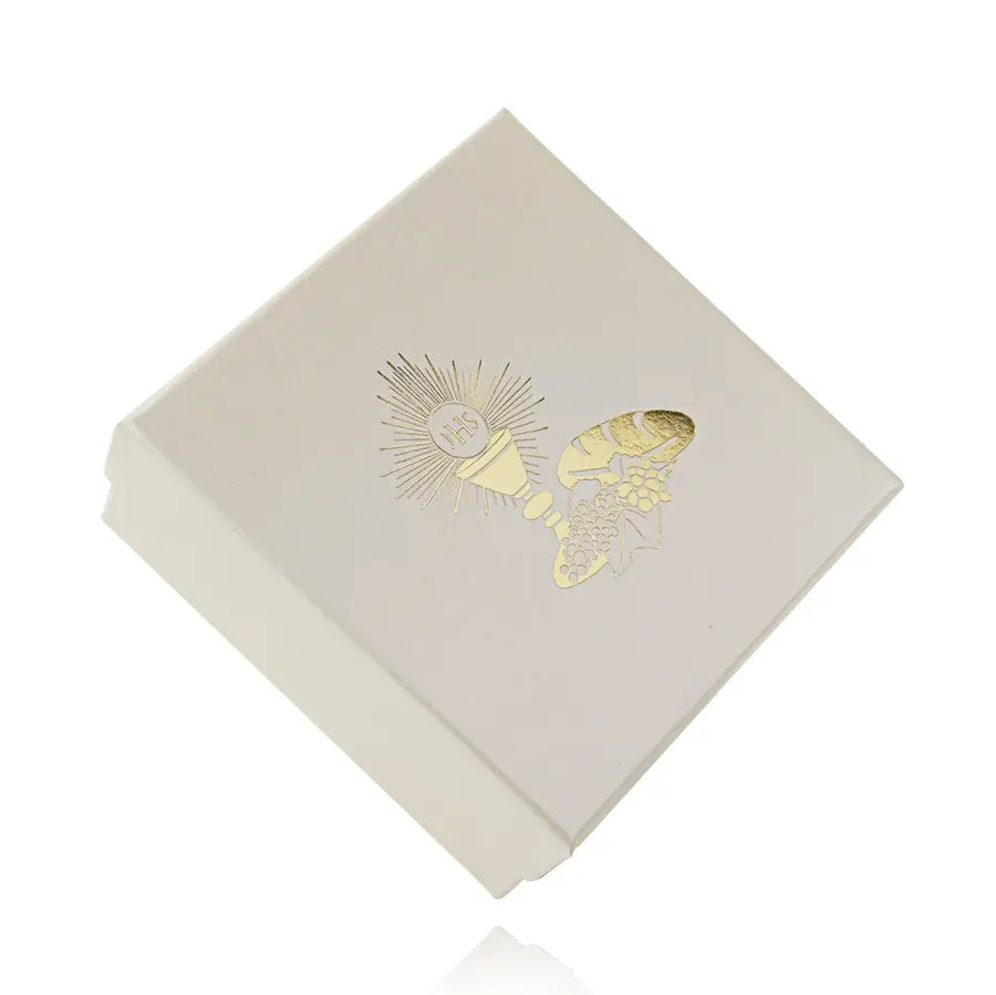 Biela krabička na set, motív kalicha, chleba a hrozna v zlatom odtieni