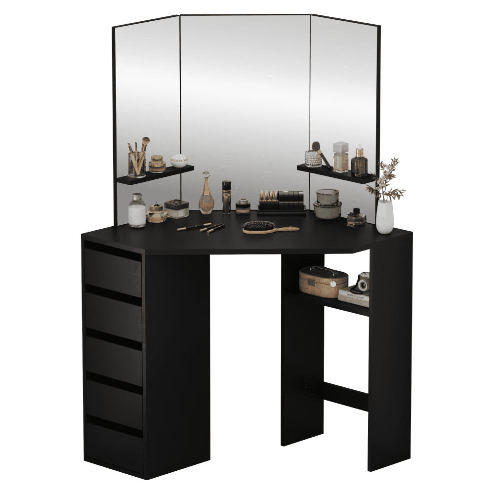 Rohový toaletný stolík, čierna, ELIO