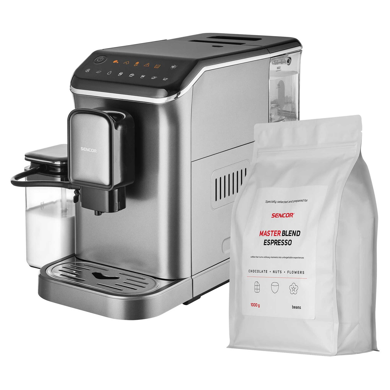 Sencor SES 8000BK + 1 kg kávy Master Blend Automatické Espresso + Káva ZADARMO dotykový ovládací panel s LED podsvietením, tlak čerpadla 20 barov,