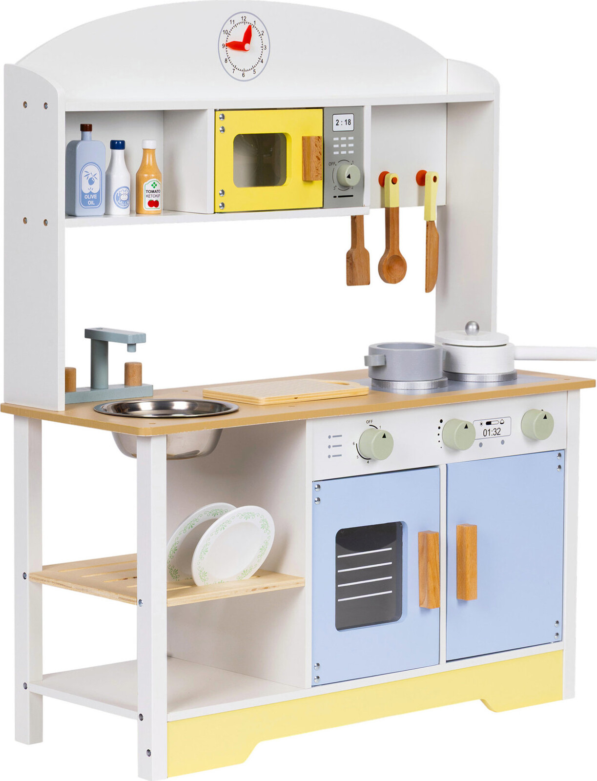 ECOTOYS TL103013 Drevená kuchynka s rúrou, práčkou, mikrovlnkou a doplnkami