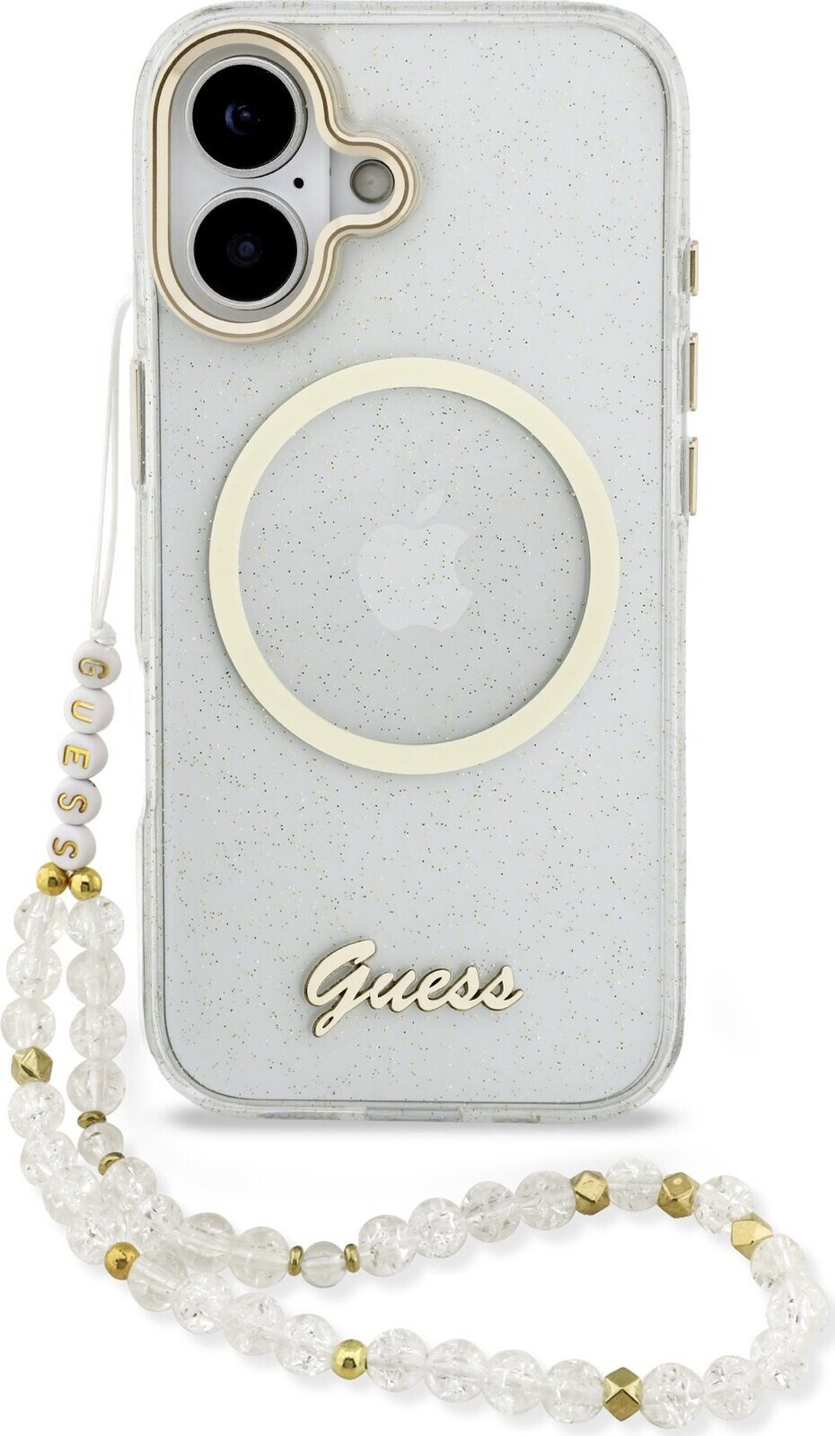 Guess IML Glitter Script Strap MagSafe Zadný Kryt pre iPhone 17 Transparent