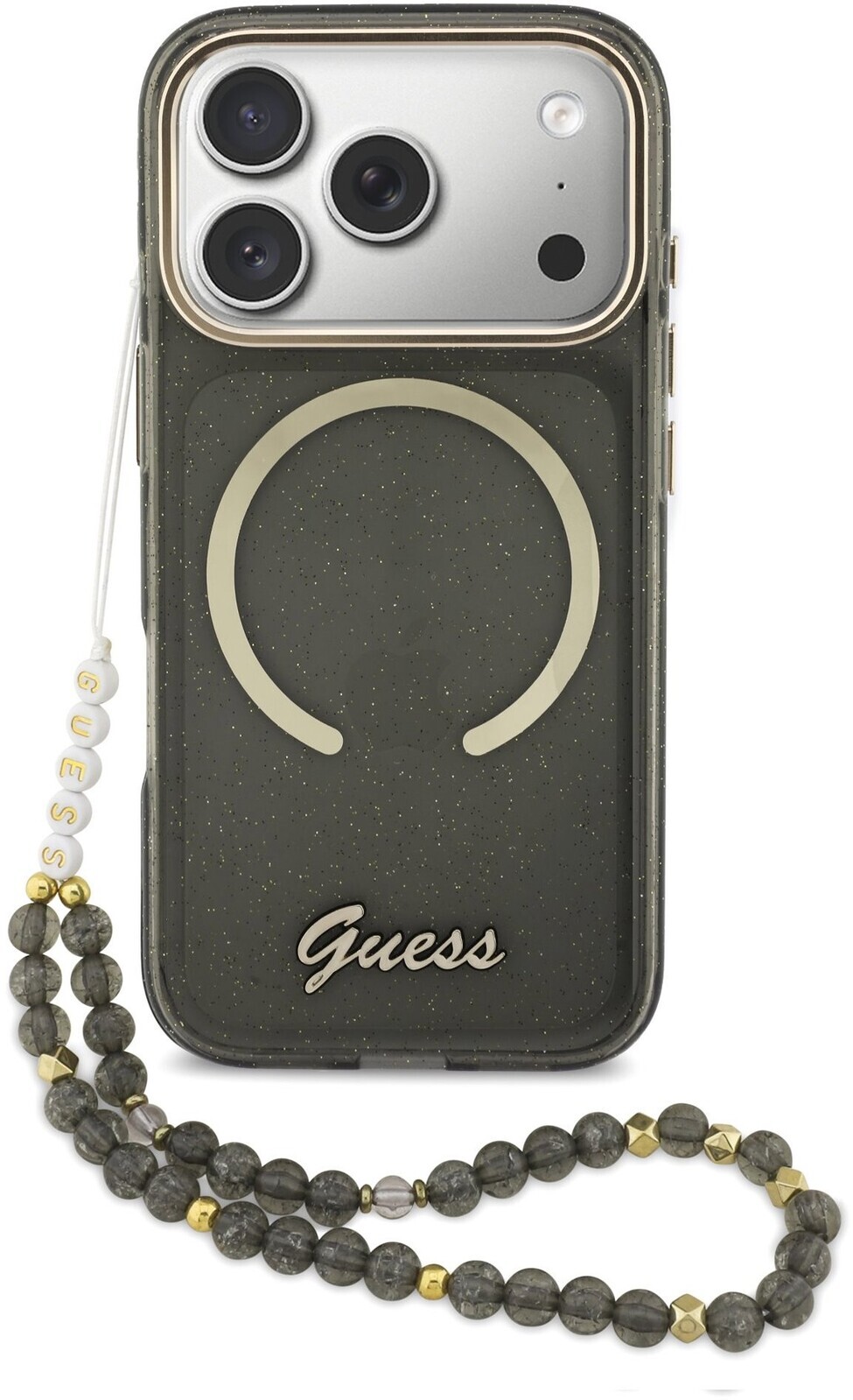 Guess IML Glitter Script Strap MagSafe Zadný Kryt pre iPhone 17 Pro Black