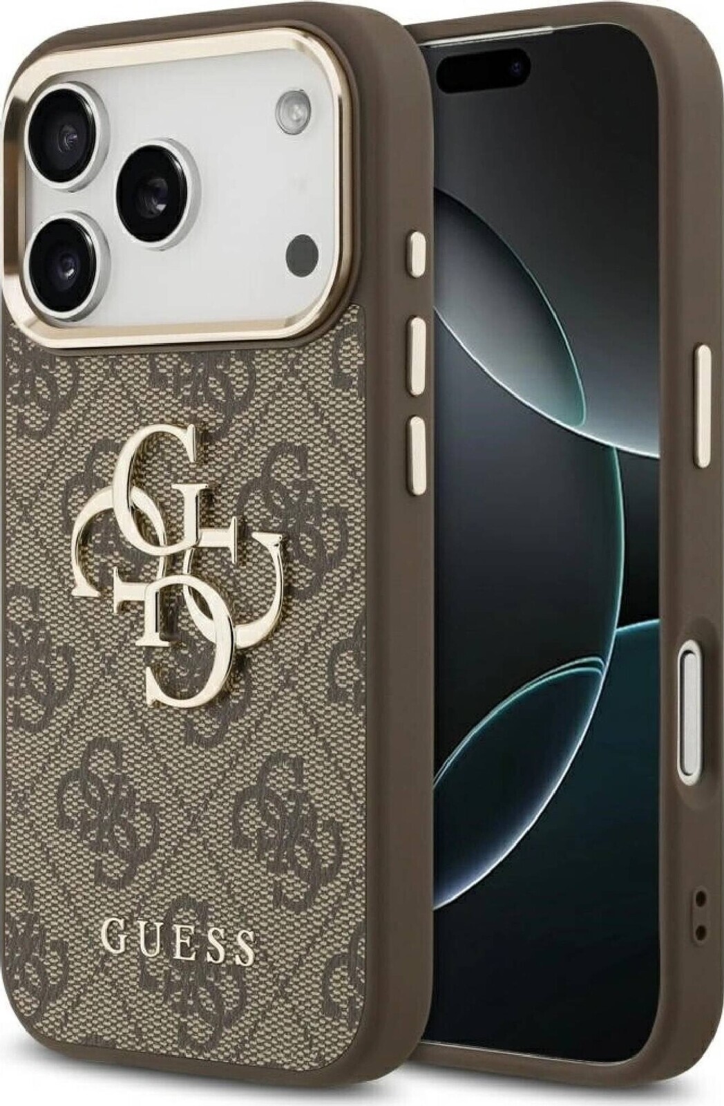 Guess PU Leather 4G Metal Logo Gold Frame Zadný Kryt pre iPhone 17 Pro Brown