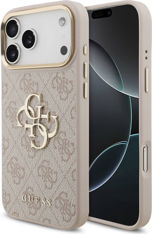 Guess PU Leather 4G Metal Logo Gold Frame Zadný Kryt pre iPhone 17 Pro Max Pink