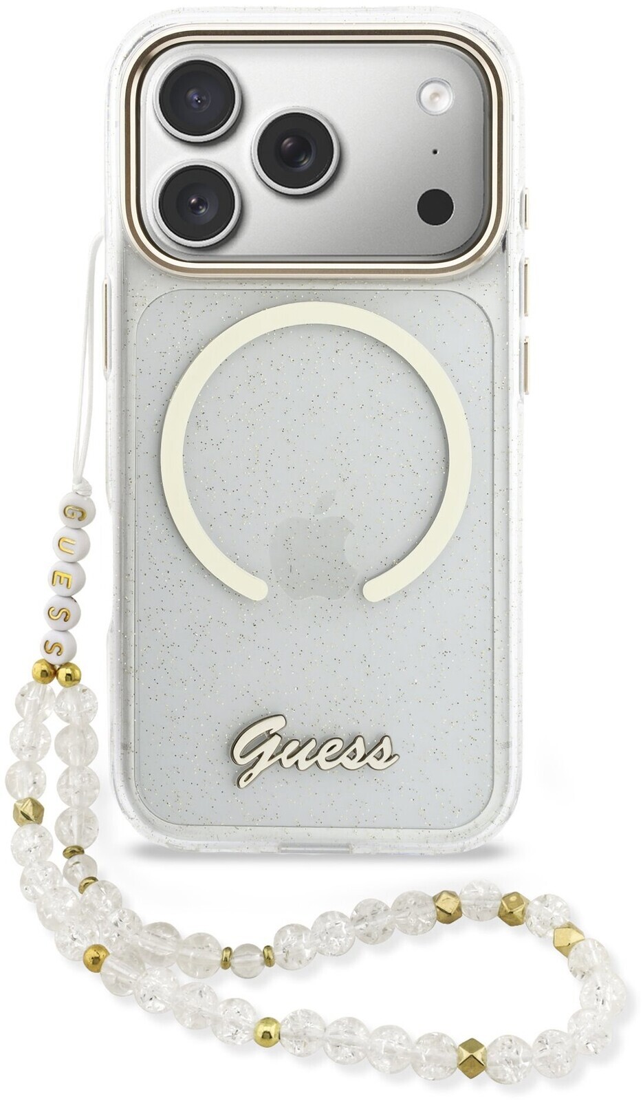 Guess IML Glitter Script Strap MagSafe Zadný Kryt pre iPhone 17 Pro Max Transparent