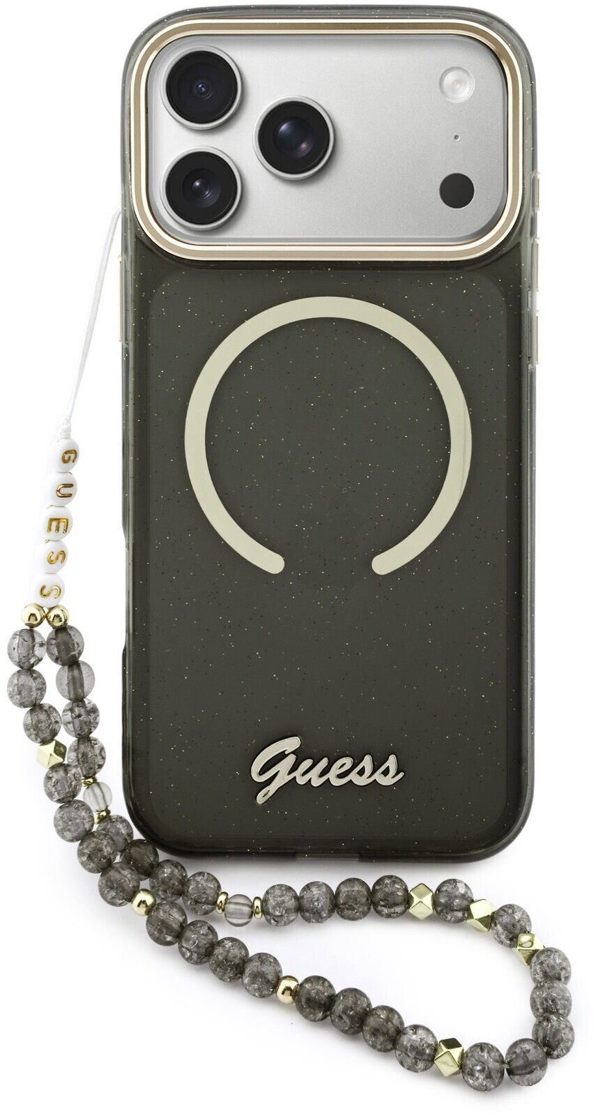 Guess IML Glitter Script Strap MagSafe Zadný Kryt pre iPhone 17 Pro Max Black
