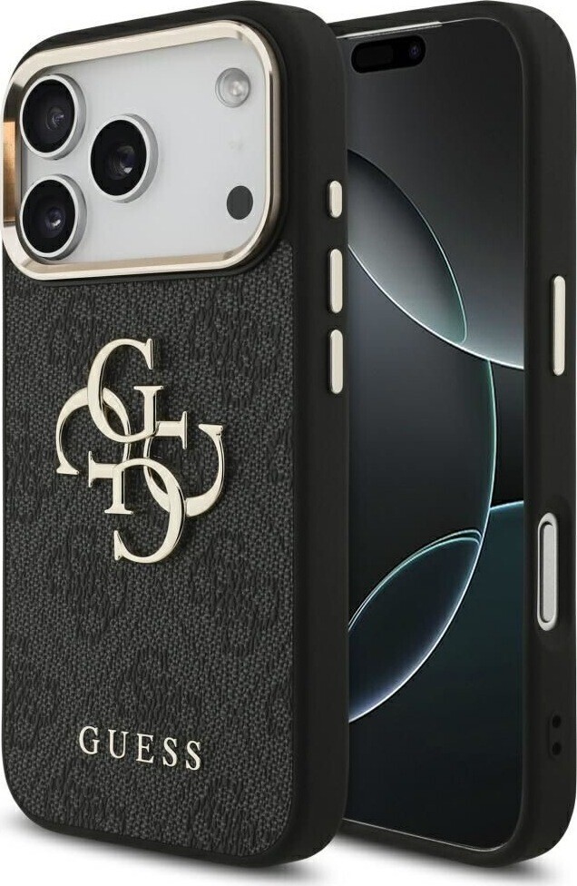 Guess PU Leather 4G Metal Logo Gold Frame Zadný Kryt pre iPhone 17 Pro Black