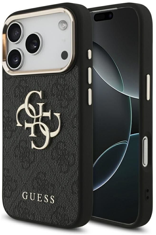Guess PU Leather 4G Metal Logo Gold Frame Zadný Kryt pre iPhone 17 Pro Max Black