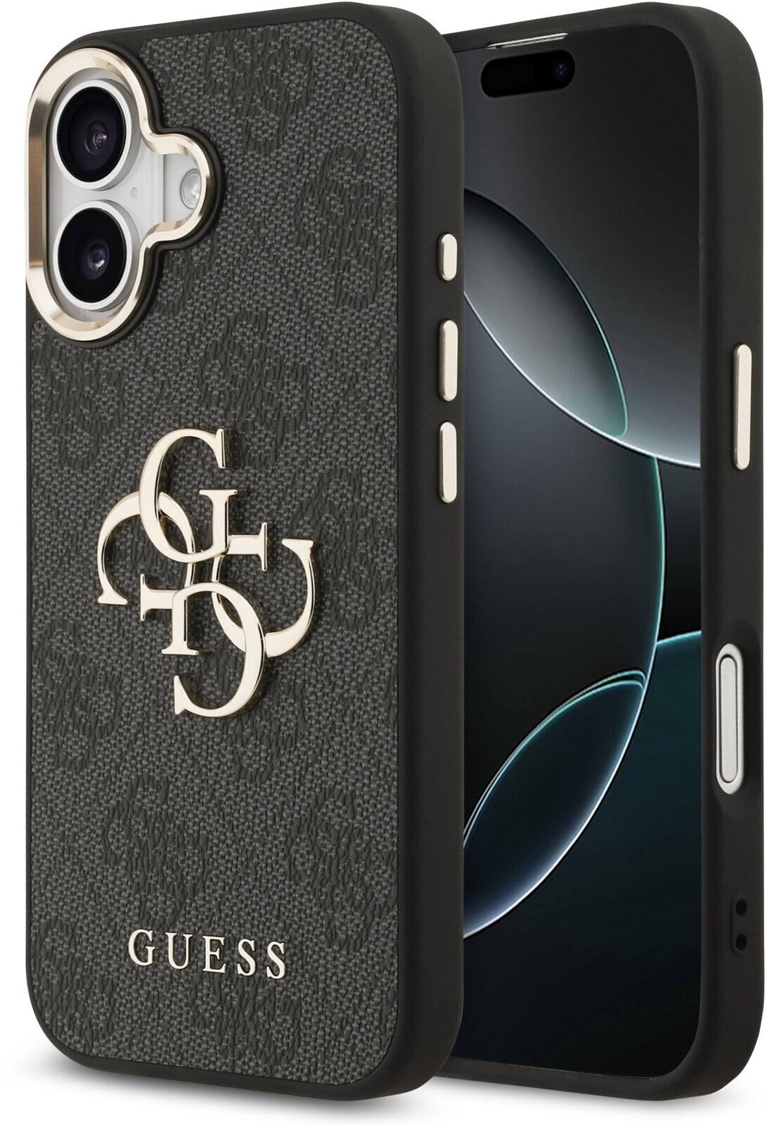 Guess PU Leather 4G Metal Logo Gold Frame Zadný Kryt pre iPhone 17 Black