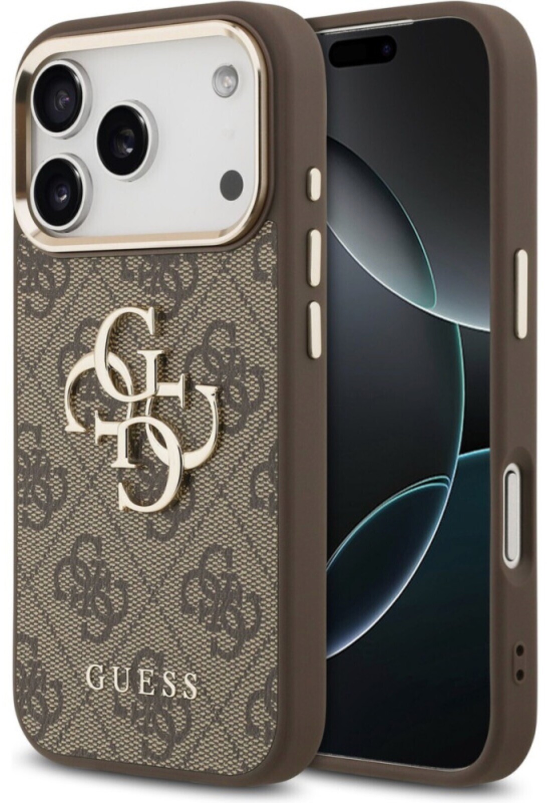Guess PU Leather 4G Metal Logo Gold Frame Zadný Kryt pre iPhone 17 Pro Max Brown