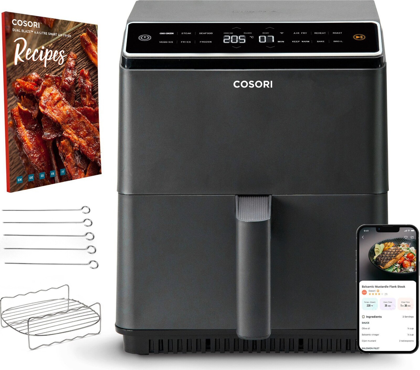 Cosori Dual Blaze Smart 6,4 L + 5× špíz a rošt, čierna