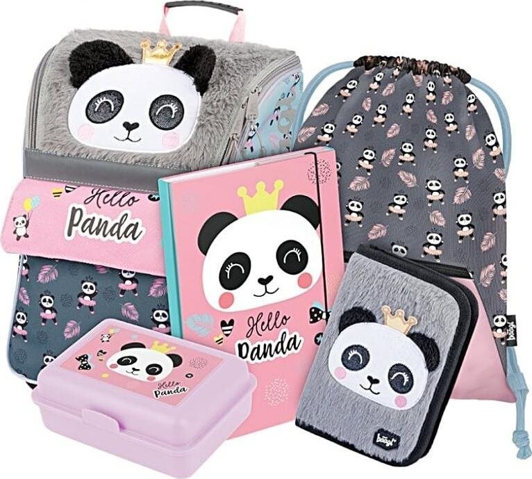 Školská aktovka v sade pre prváčikov Baagl Zippy Panda s boxom na desiatu – 5 dielov