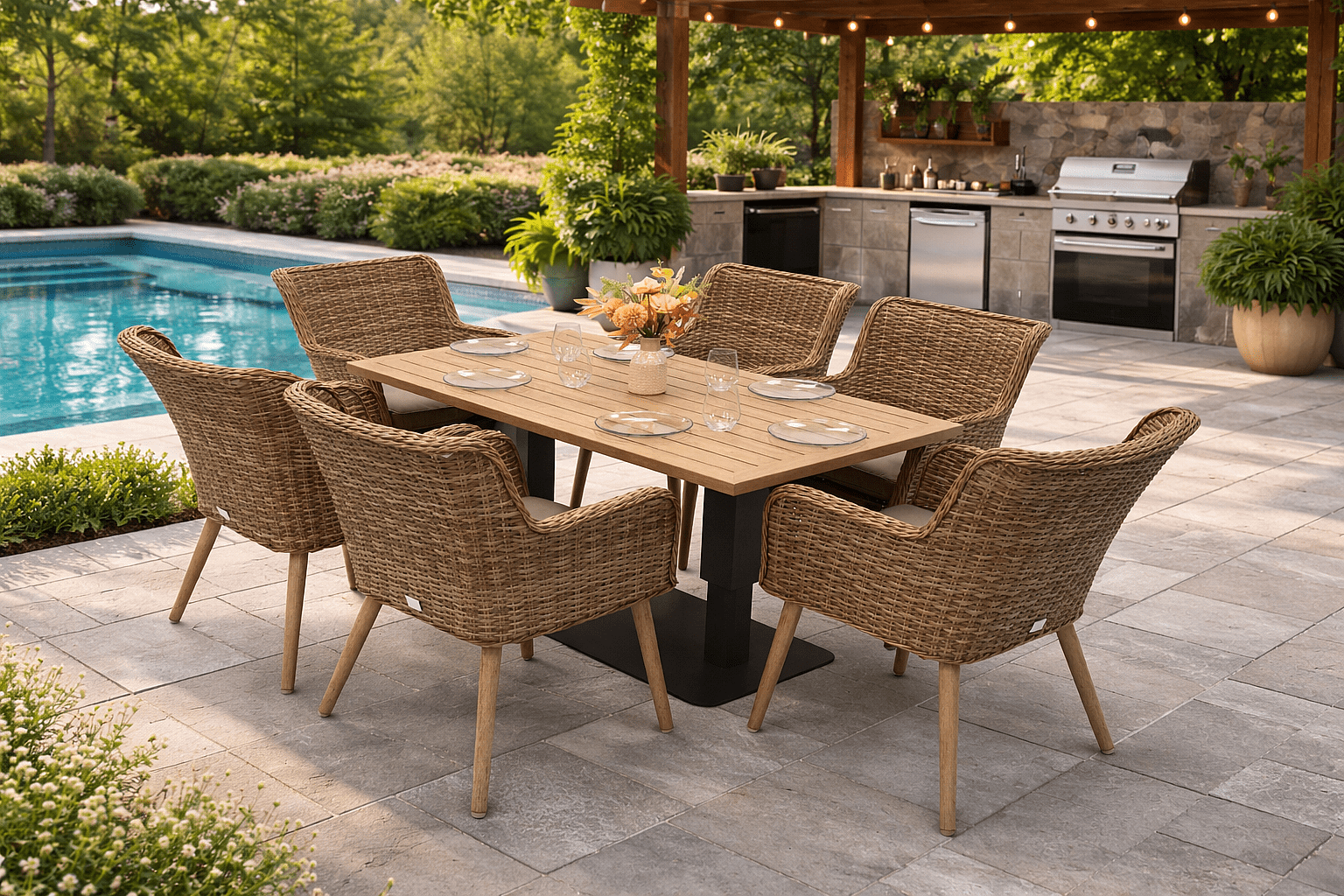 DEOKORK Záhradná ratanová zostava MALIBU 1+6 (béžovo-hnedá)