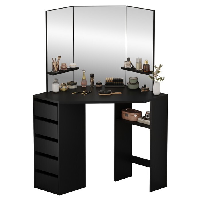 KONDELA Elio rohový toaletný stolík čierna