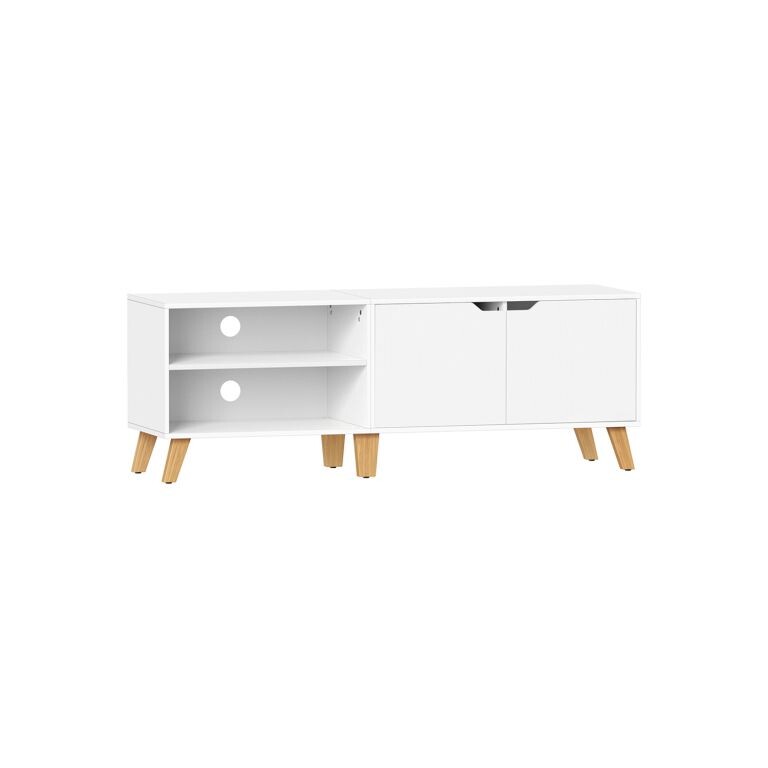 Moderný biely TV stolík s policami a dvierkami, 140x40x45 cm