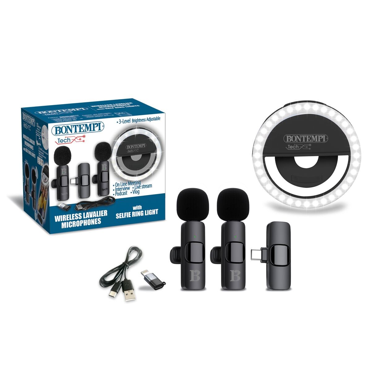 Bontempi Mini kruhové svetlo s dvoma bezdrôtovými klopovými mikrofónmi