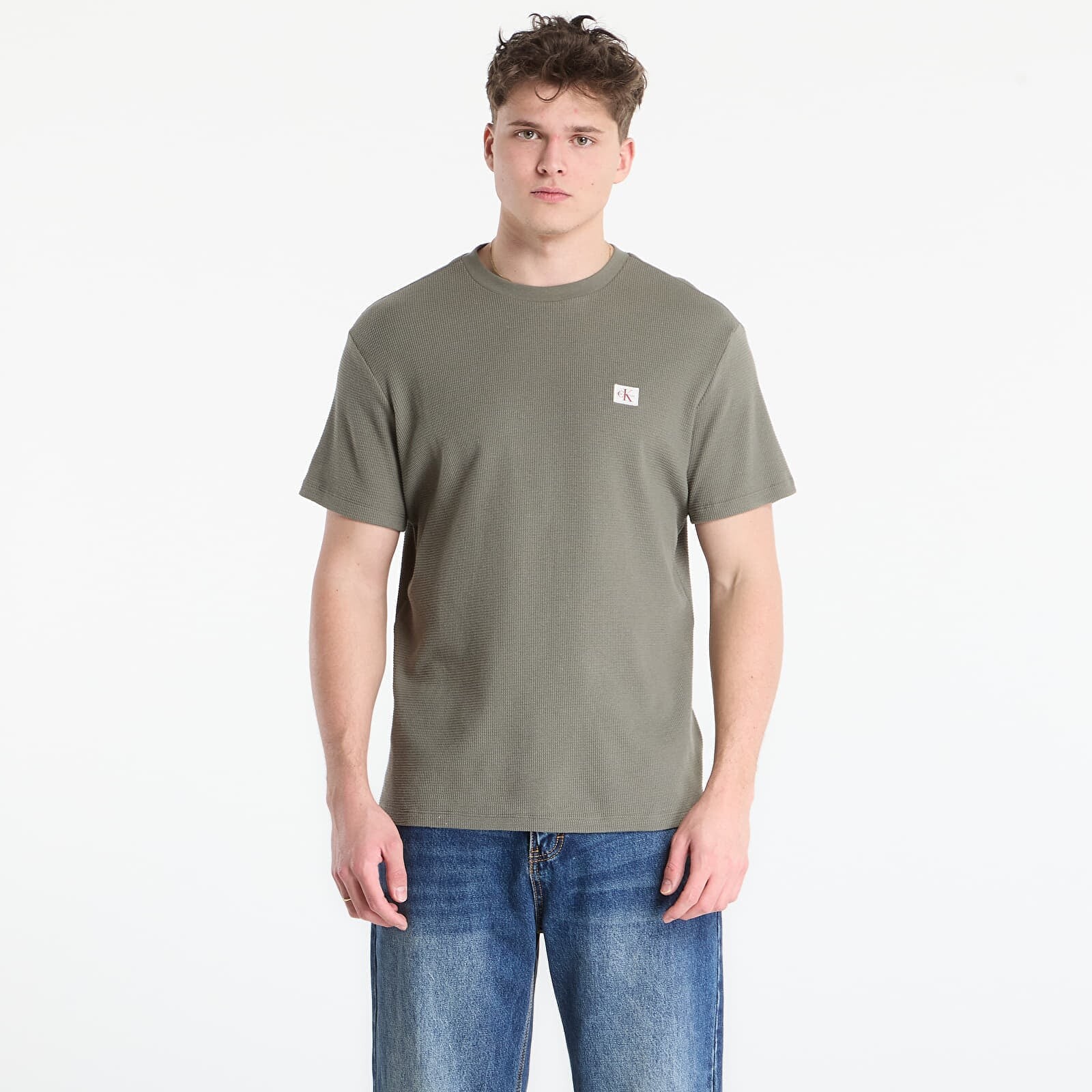 Tričko Calvin Klein Jeans Ss Waffle Woven Label Crewnk Tee Dusty Olive M