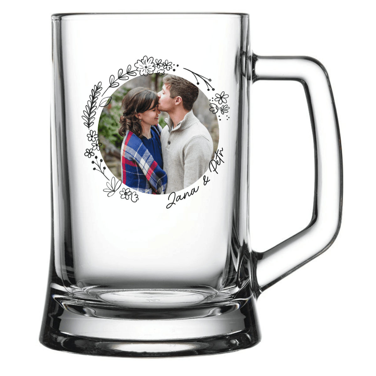 Personalizovaná pivní sklenice s květinovým ohraničením