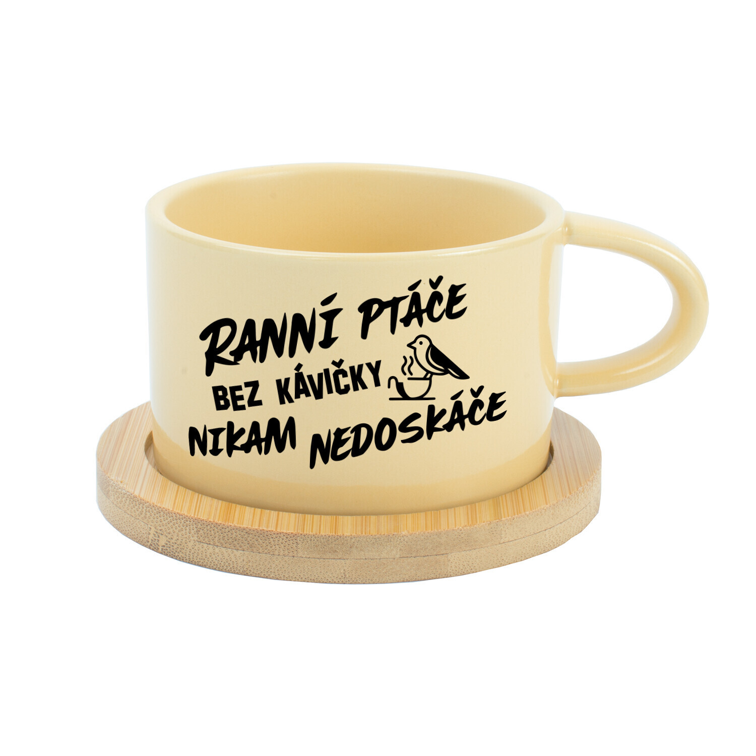 RANNÍ PTÁČE BEZ KÁVIČKY NIKAM NEDOSKÁČE - žlutý hrníček makronka 200 ml