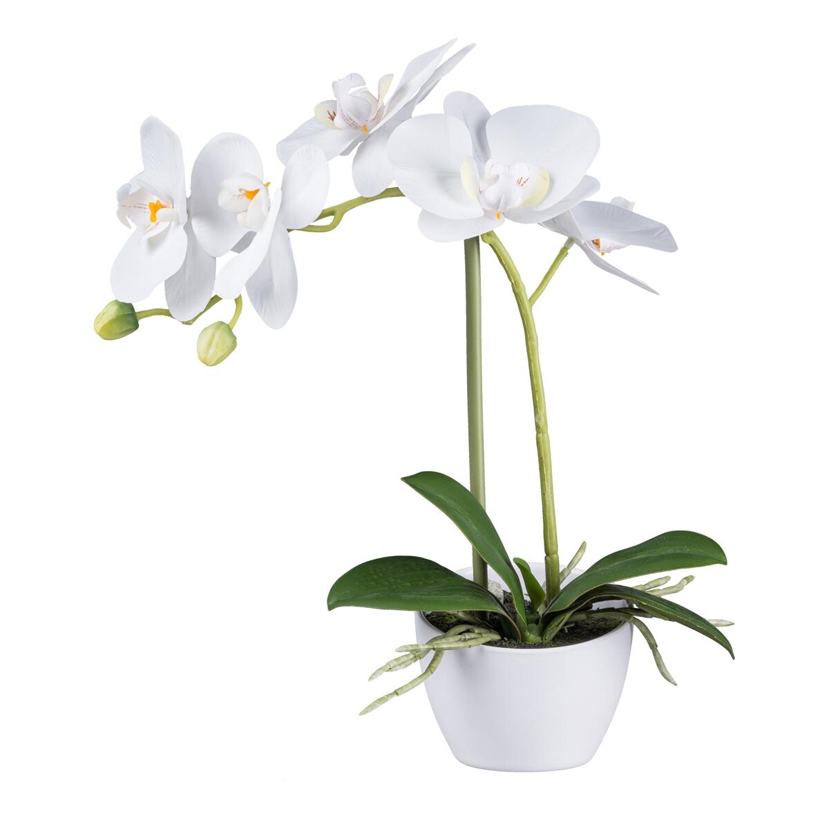 Orchidea v bielej melamínovej nádobe, 33 cm, biela