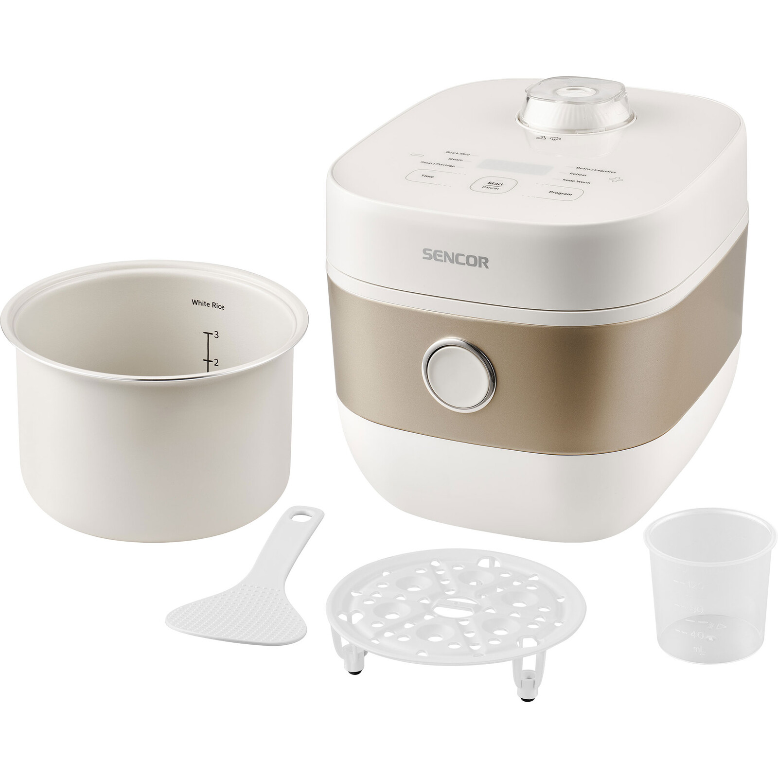 Sencor SRM 1600WH Ryžovar objem 1,6 l (na prípravu až 1 300 g ryže) 6 prednastavených programov na ryžu, kaše, polievky a ďalšie pokrmy, prehľadný