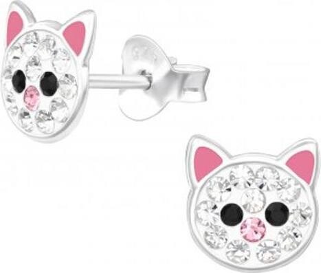 Flor de Cristal Detské strieborné náušnice, mačičky biele, so zirkónmi (Ag 925/1000, 2 g)