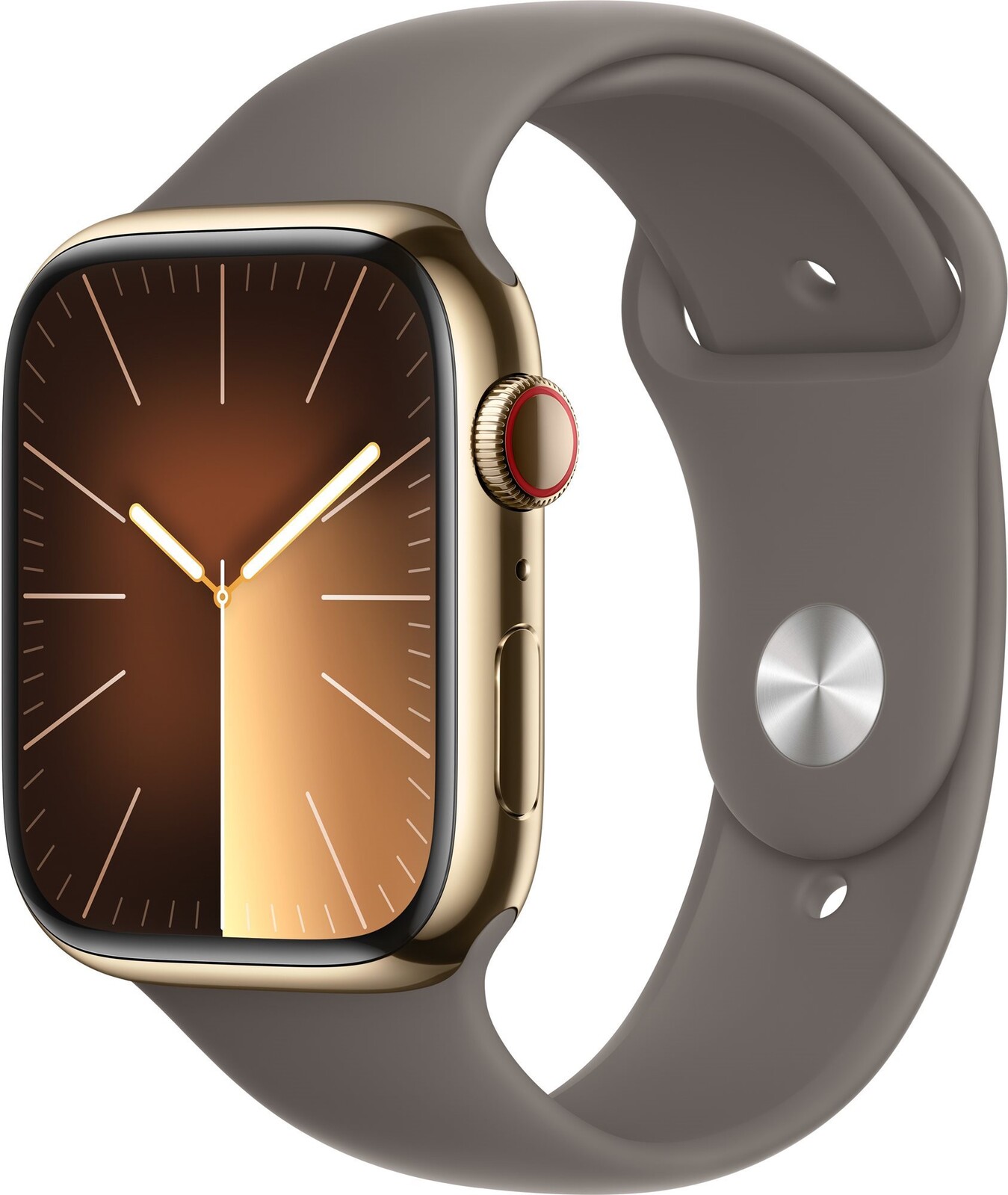 Apple Watch Series 9 45 mm Cellular Zlatý nerez s ílovo sivým športovým remienkom – S/M