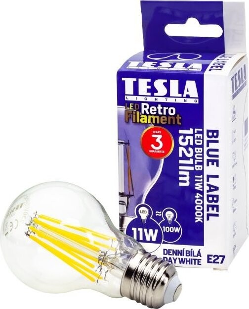 Tesla FILAMENT RETRO, E27, 11W, 230V, 1521lm, 25 000h, 4000K denná biela, 360st, číra