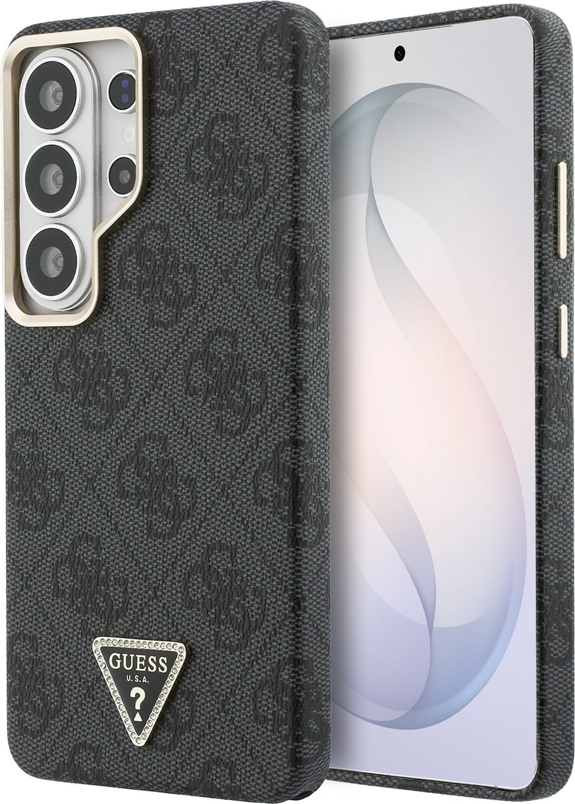 Guess PU Leather 4G Strass Triangle Logo Gold Frame Magnetic Zadní Kryt pro Samsung Galaxy S26 Ultra