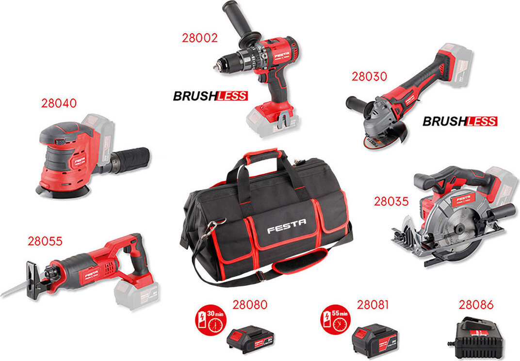FESTA Sada AKU náradia SHARE20V – 5 strojov, taška, nabíjačka 28104 (1× 2 Ah + 1× 4 Ah)