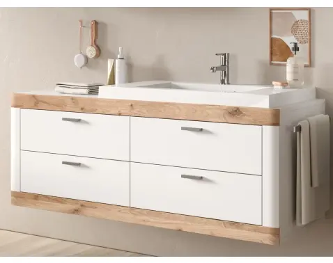 Závesná kúpeľňová skrinka s umývadlom Laredo, biela/dub nox%