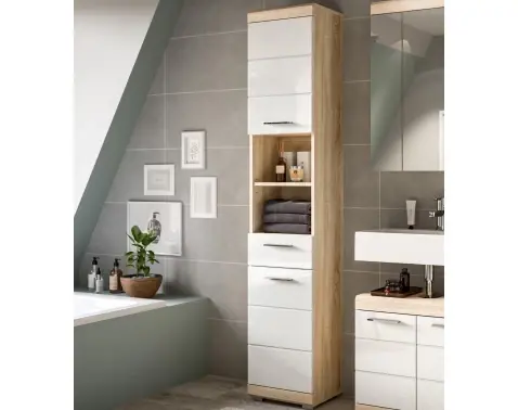 Vysoká kúpeľňová skrinka Lambada, dub sonoma/biela lesk%