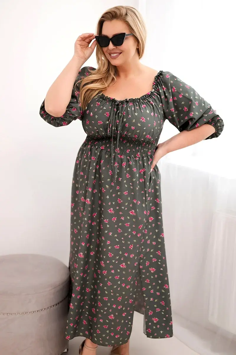 Kesi maxi šaty s kvetinovým vzorom khaki