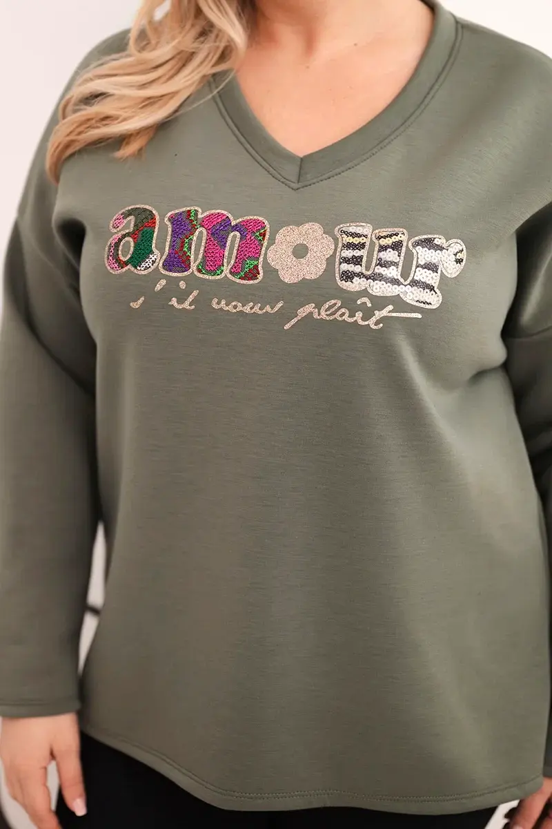 Kesi dámska mikina s potlačou a V-výstrihom khaki