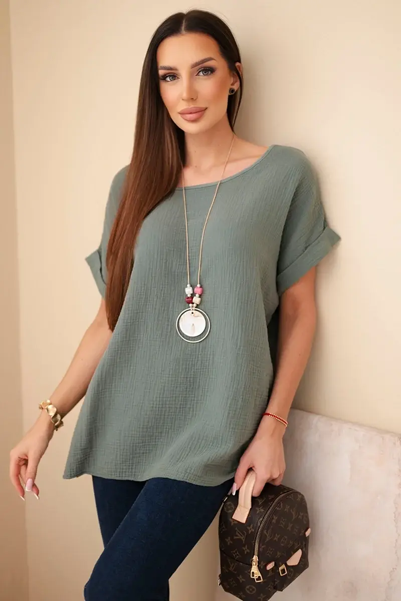 Kesi Włoski Muslin blúzka s náhrdelníkom tmavá khaki